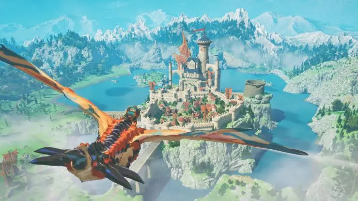 A Rathalos flying above a settlement in Monster Hunter Stories 3