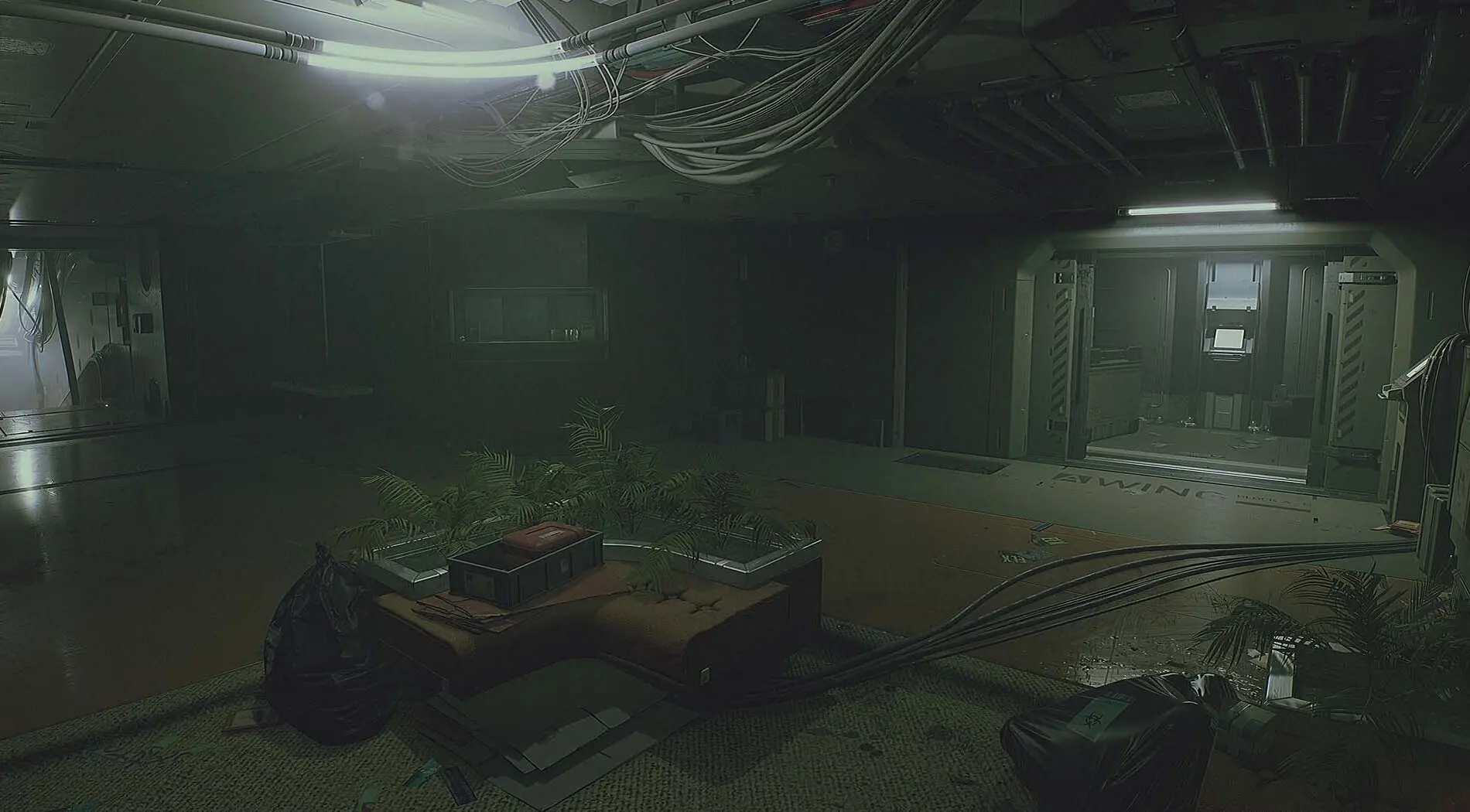 An overgrown lounge inside ROUTINE's lunar base